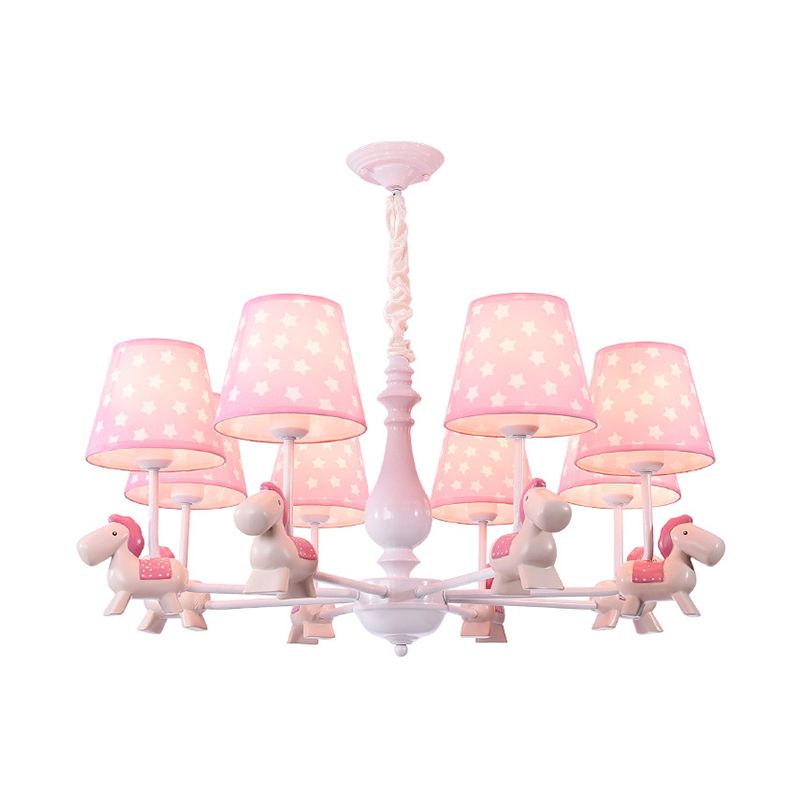 Pink Tapered Shade Chandelier Kid Fabric Down Lighting Pendant with Horse Figurine
