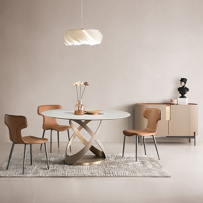 Modern Round Marble Top Dining Table with Metal Pedestal Base
