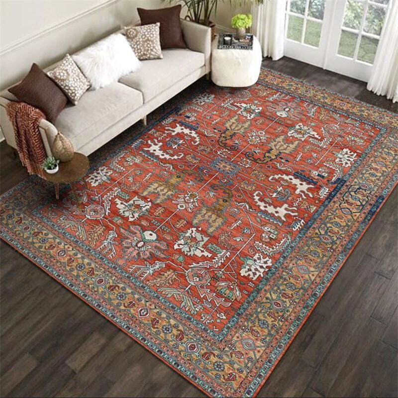 Red Persian Style Rug Synthetics Geometric Area Carpet Washable Anti-Slip Backing Stain Resistant Rug for Chamber
