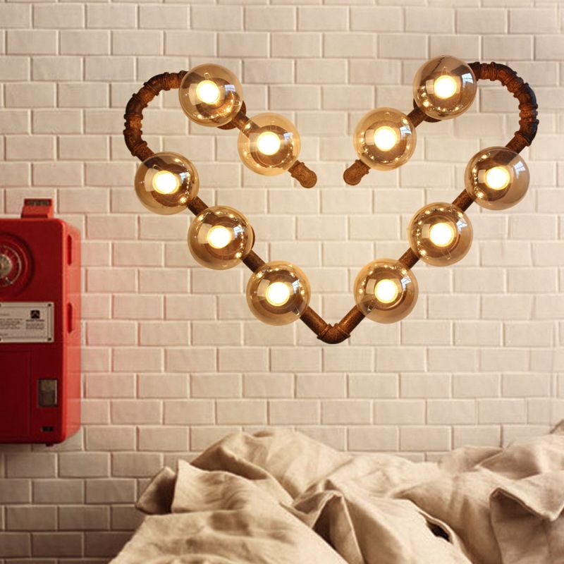 Heart Shape Pipe Metal Wall Sconce Industrial 10 Bulbs Restaurant Wall Mounted Lamp in Rust with Ball Clear Glass Shade