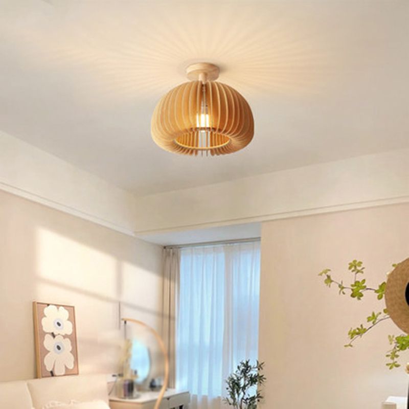 1-Light Ceiling Light Modern Ceiling Mount Light with Wood Shade for Living Room