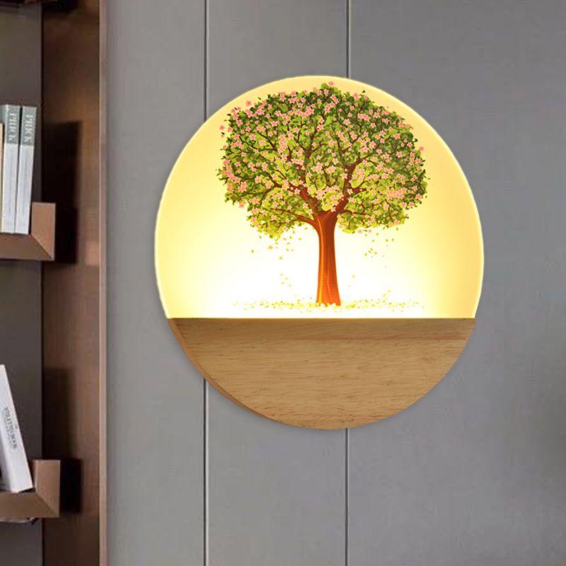 Nordic Style Round Tree Mural Lamp Acrylic LED Guest Room Wall Mounted Light Fixture in Wood