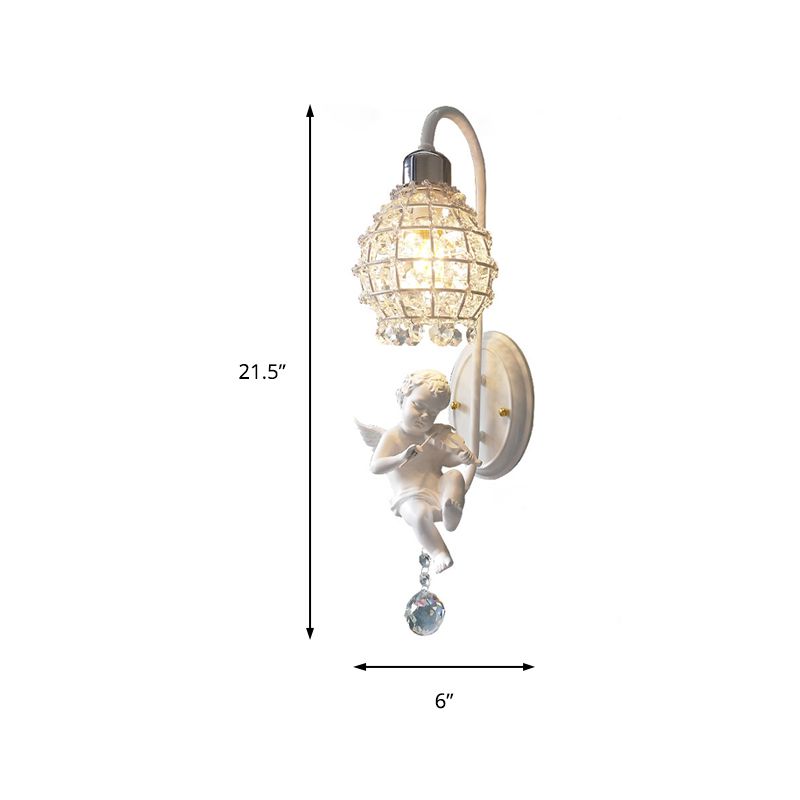 1 Light Wall Sconce Light with Globe Crystal and Angel Decoration Simple Corridor Wall Mount Light in White