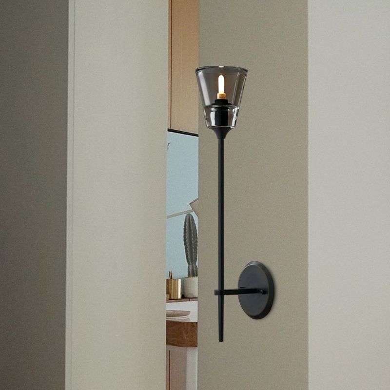 Conical Bathroom Wall Lamp Retro Clear Glass 1/2 Lights Black/Brass LED Wall Mount Lighting