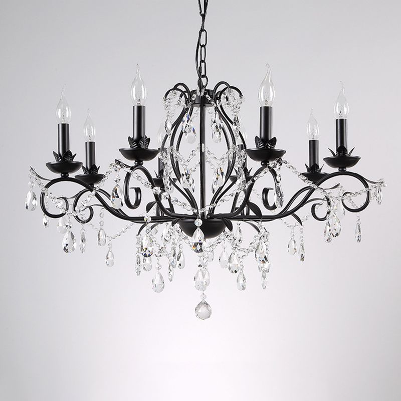 Contemporary Metal Curved Arm Hanging Chandelier Light Black Candle Bedroom Suspension Light with Crystal