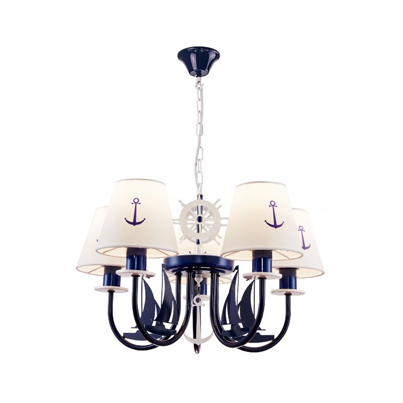 5/6-Light Bedroom Hanging Chandelier Mediterranean Blue Ceiling Suspension Lamp with Barrel Fabric Shade