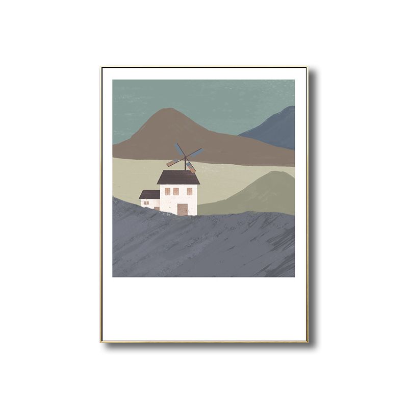 Illustration Farmhouse Canvas Wall Art with Night Village Scenery Drawing in Dark Color