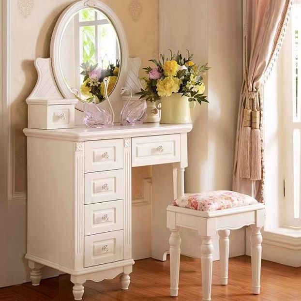 Victorian White Makeup Vanity Desk Bedroom Dressing Table Stool Set with Drawer