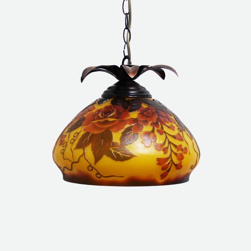 1 Light Pendulum Light Tiffany Tapered White/Yellow/Orange Glass Ceiling Pendant with Grape/Blossom Pattern