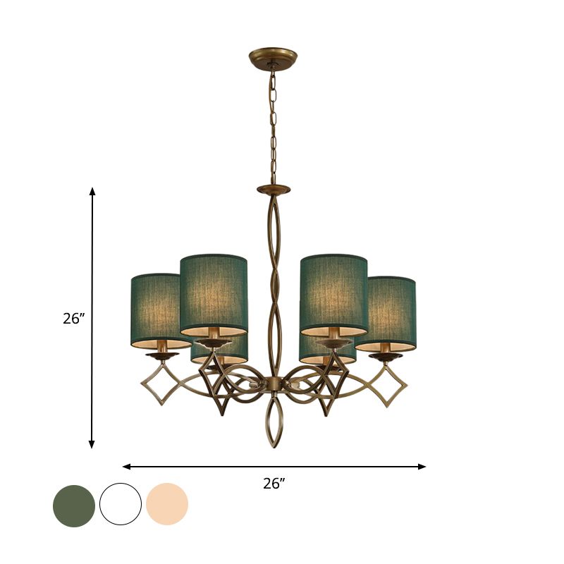 6-Light Chandelier Lamp Rural Style Drum Shade Fabric Pendant Light Fixture in White/Beige/Green with Metal Twisted Arm