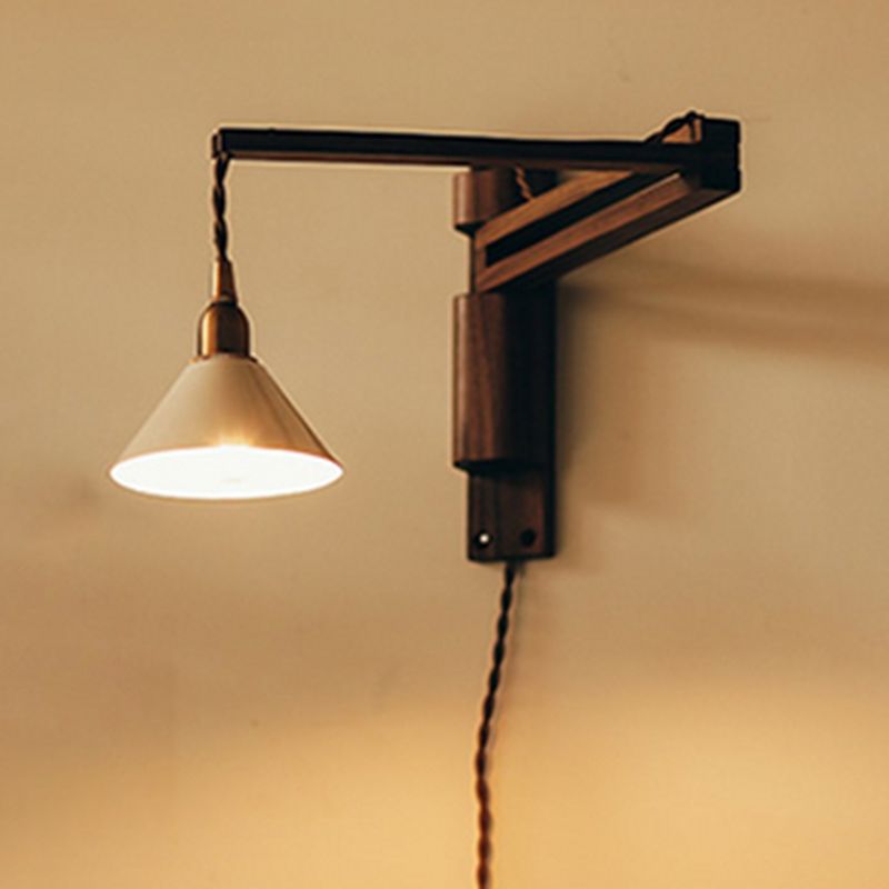Retro Style Wood Wall Light Metal Shade Fold Wall Sconce for Living Room