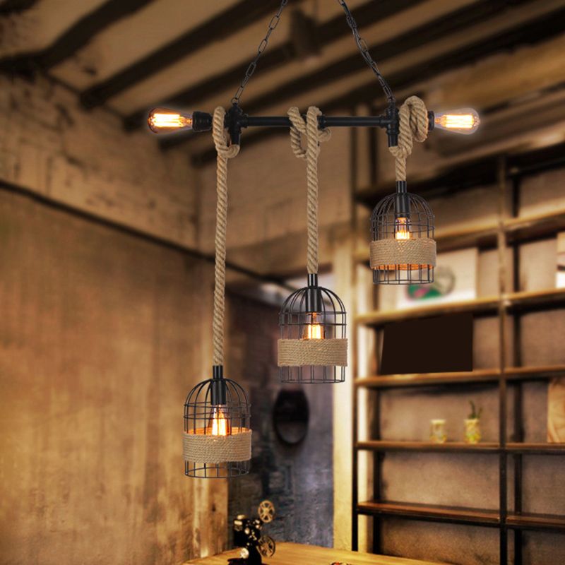 Industrial Iron Cage Shape Island Lamp Metal 5 Lights Pendant Light for Restaurant
