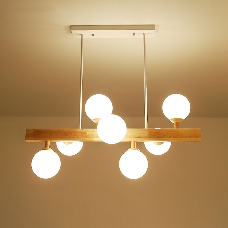 Lampada sospesa in vetro Opal Globe Simplicità 7 Heads Lampada del lampadario isola in legno per sala da pranzo
