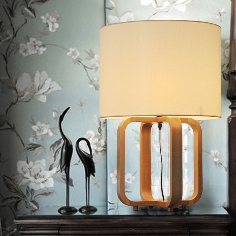 Lampe de table tambour et cadre carré en bois asiatique, lampe de nuit à 1 lumière pour chambre à coucher, beige