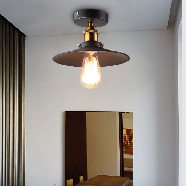 Metal Conical Semi Flush Mount Light Industrial Aisle Semi Mount Lighting in Black