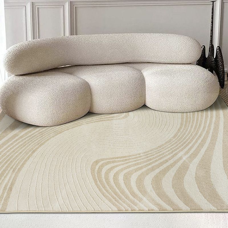Beige Stripe Pattern Area Carpet Modern Polyester Area Rug Anti-Slip Washable Rug for Bedroom