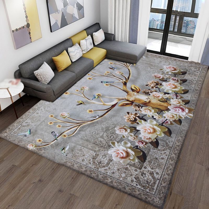 Modern Living Room Area Carpet Plant Pattern Polyester Area Rug Anti-Slip Washable Rug