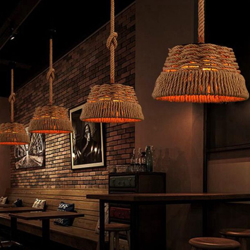 Handgeweven hennep touw hanglamp industriële stijl smeedijzeren taps toelopende schaduw hangende lamp voor restaurant