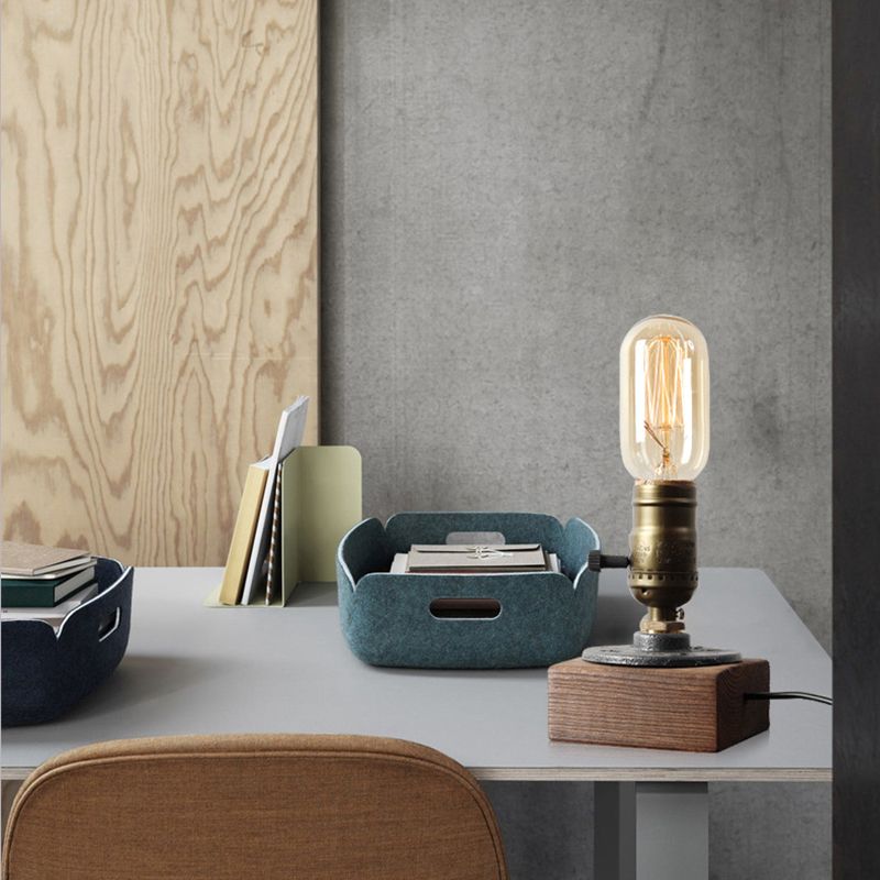 1-Light Distressed Brass Table Lamp Industrial Shadeless Metal Night Lamp with Wooden Base