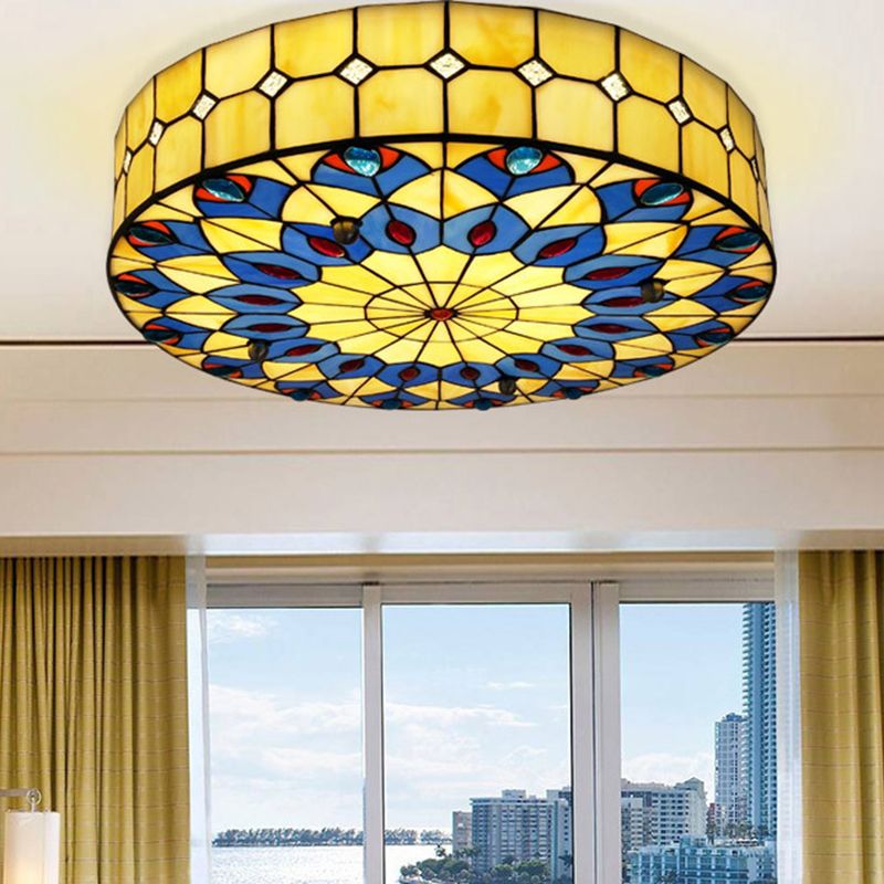 Drum Ceiling Mount Light Mediterranean Stained Glass Flush Mount Fixture for Bedroom