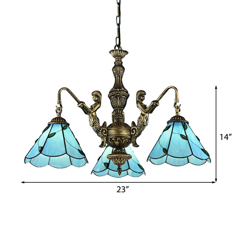 3/5 luci illuminazione lampadario illuminazione Tiffany conico con vetrate piena di soffitto in blu con design della sirena