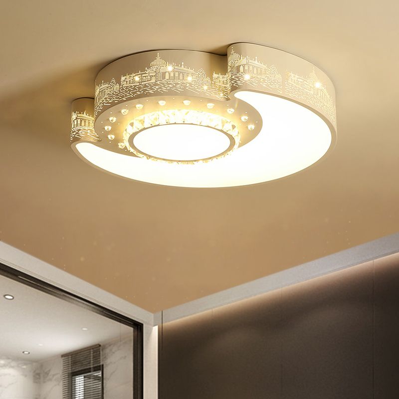 Minimalism LED Ceiling Lighting White Moon Flush Light Fixture with Beveled Crystal Shade