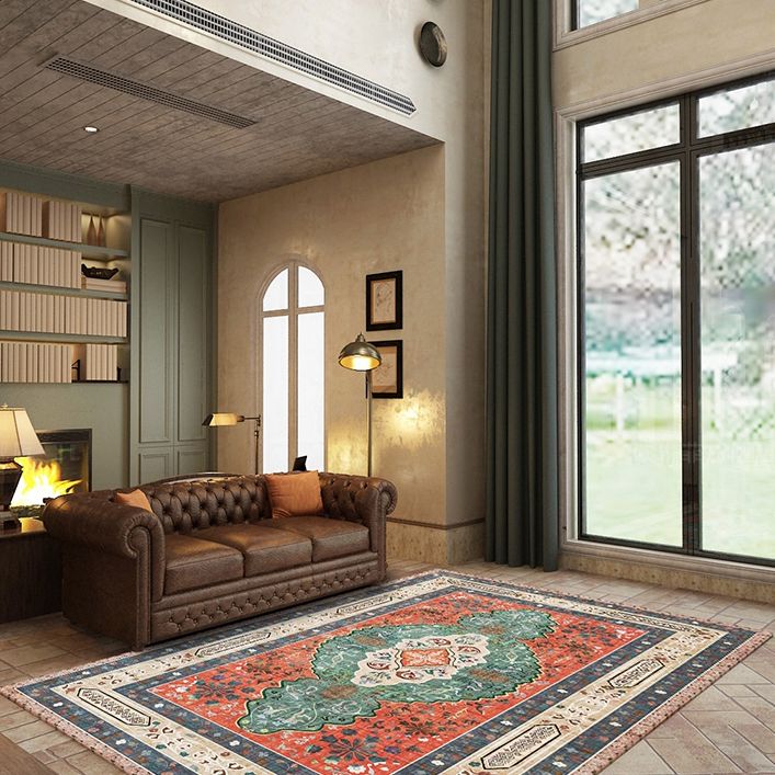 Red Bohemian Area Carpet Polyester Tribal Pattern Area Rug Stain Resistant Rug for Home Decor