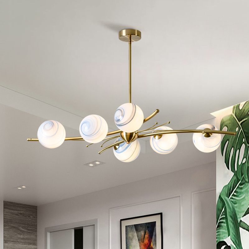 Spherical Frosted Glass Ceiling Light Modern 6-Head Gold Chandelier Lamp for Dining Room