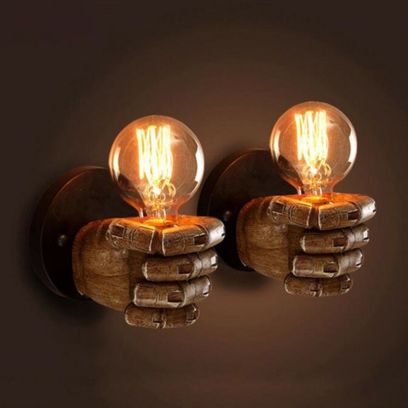 Brown Fist Wall Lamp Loft Style Single-Bulb Resin Sconce Light Fixture for Living Room
