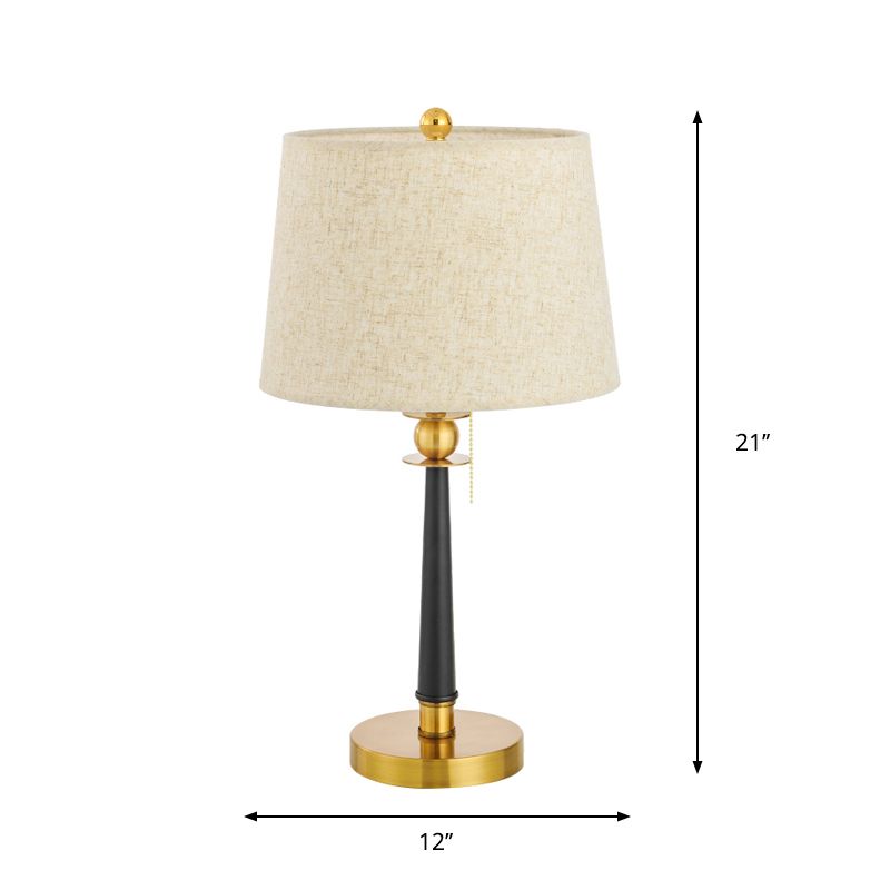 1-Bulb Fabric Night Lighting Traditional Gold Barrel Bedside Table Light with Pull Chain