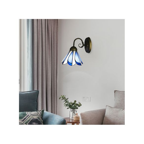 Conical Restaurant Cafe Wall Light Glass 1 Head Tiffany Rustic Wall Light in Blue and White