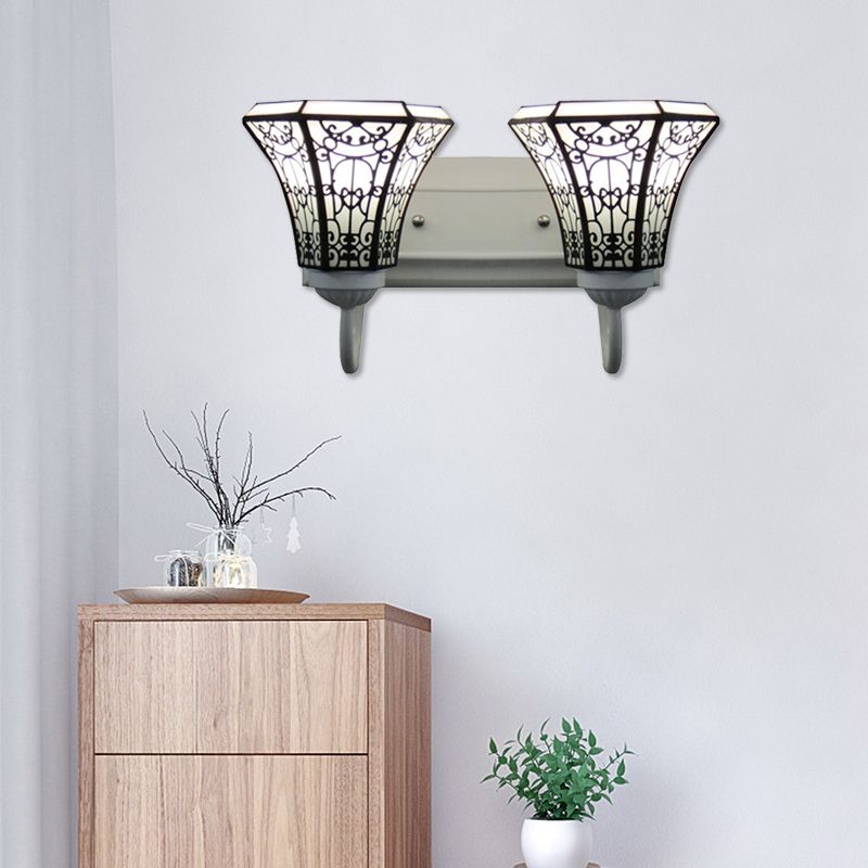 2 Heads Wall Mount Light Fixture Tiffany Flared White Glass Sconce Light for Living Room