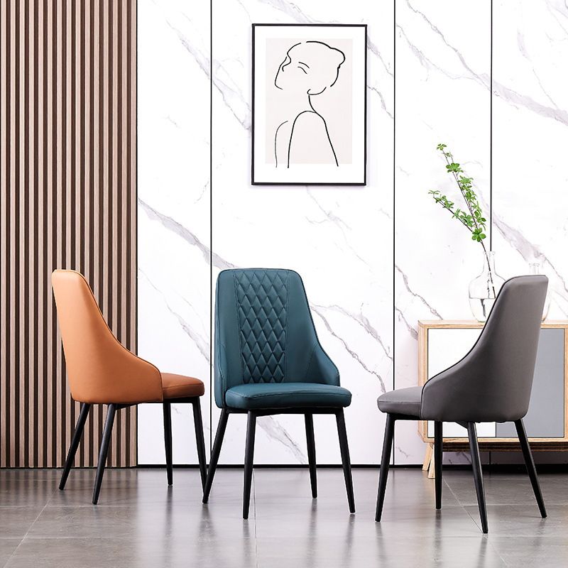 Modern Leather Dining Chair Solid Back Armless Side Chairs with Metal Legs