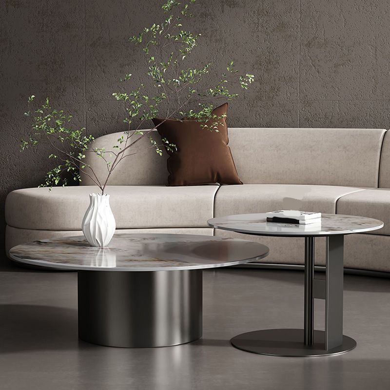 Modern Round Slate Cocktail Table Stainless Steel Pedestal Coffee Table