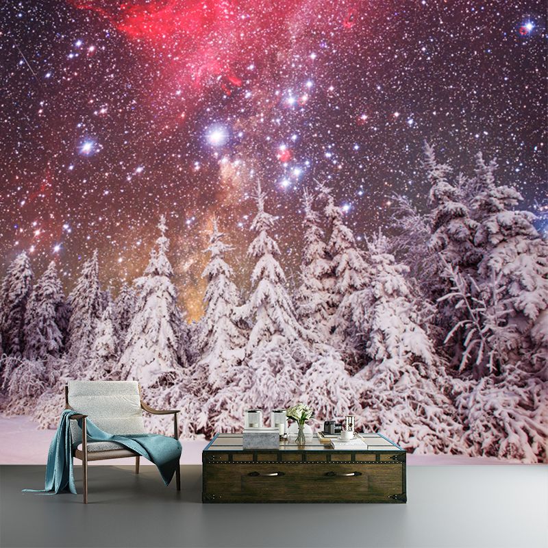 Magic Cypress Starry Night Mural Living Room Snowing Scenery Wall Decor, Custom Printed