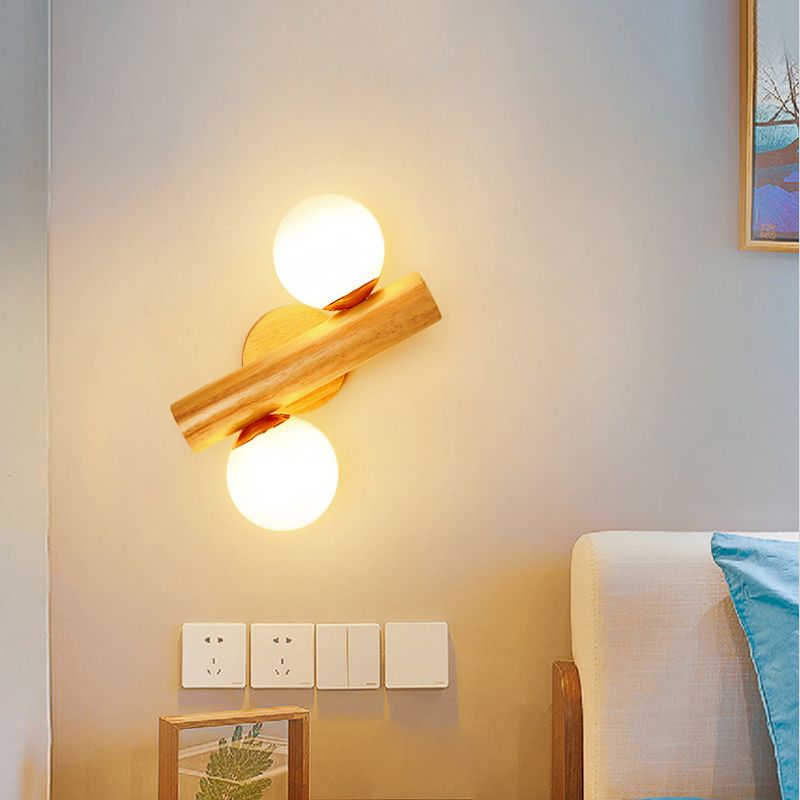 Modern Style Ball Shade Wall Light Wood 2 Lights Sconces for Bedroom