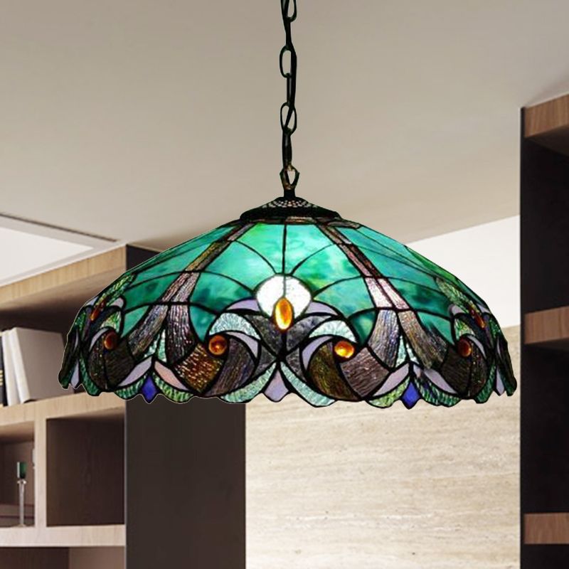 Tiffany Flared Ceiling Lamp 4 Heads Yellow/Blue Stained Art Glass Hanging Light Kit for Bedroom
