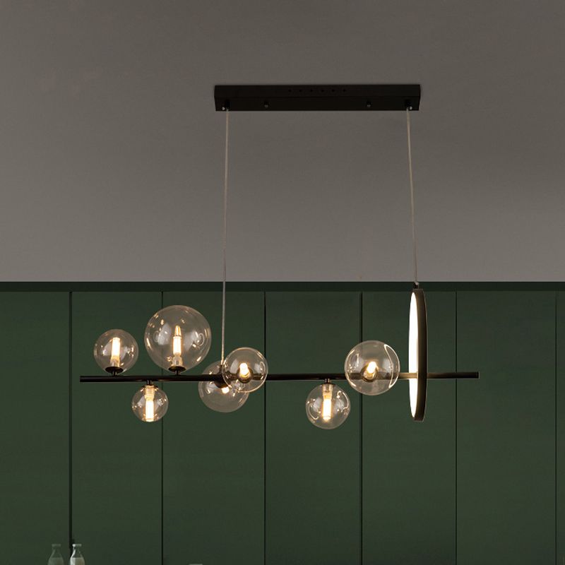 Ball Transparent Glass Hanging Pendant Modernism 7-Bulb Black Island Light Fixture for Restaurant