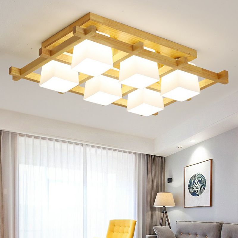 White Glass Cube Ceiling Flush Light Modern Style Semi Flush Mount Lighting with Wood Grid