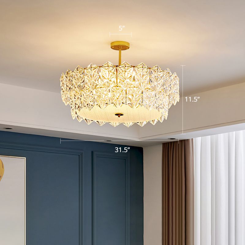 Living Room Ceiling Suspension Lamp Minimalist Gold Chandelier with Hexagonal Crystal Shade
