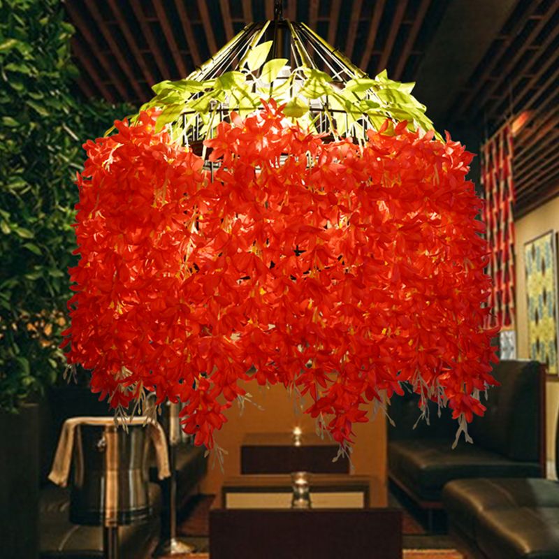 Iron Birdcage Hanging Light Rustic 1 Bulb Restaurant Pendant Light Fixture with Artificial Flower