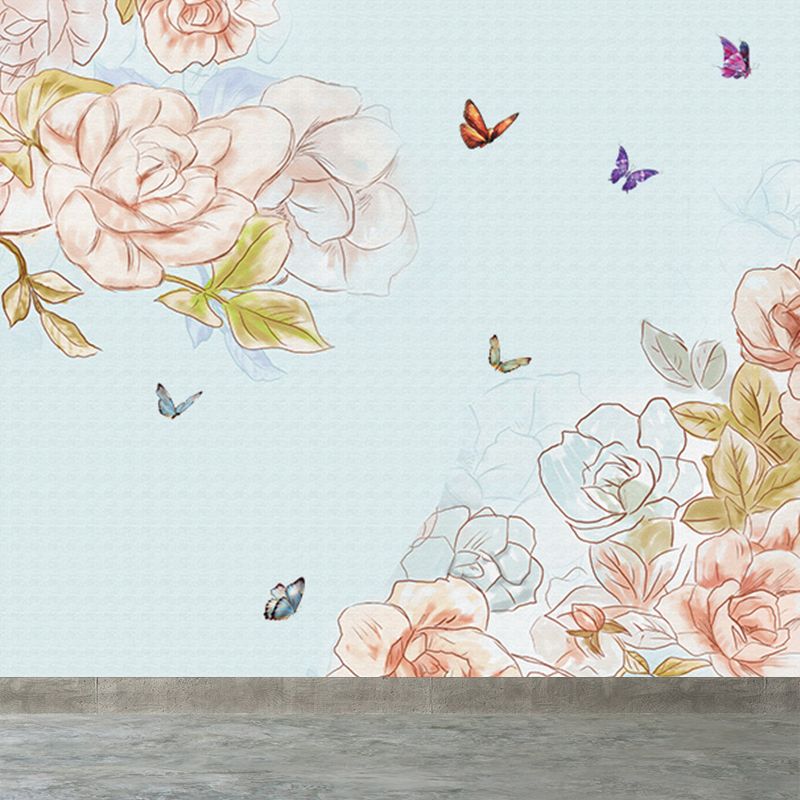 Contemporary Flower Branch Wall Mural Soft Color Decorative Wall Art for Living Room