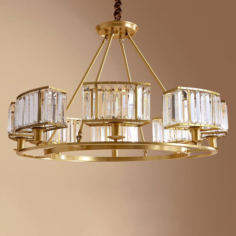 Polished Brass Round Chandelier Lighting Fixtures with 15" Adjustable Cord Modern Clear Crystal Pendant