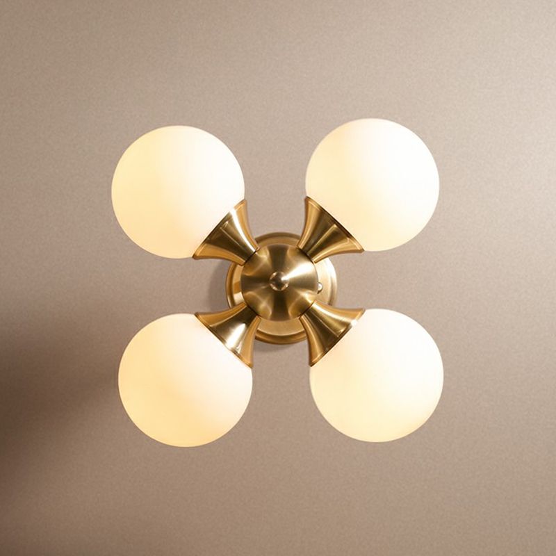 Brass Globe Flush Mount Lighting Postmodern 4 Heads Opal Glass Semi Flush Light for Bedroom