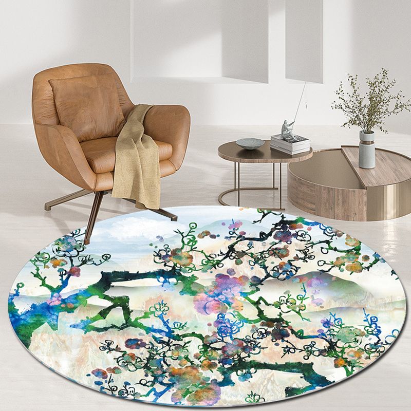 Modern Polyster Area Carpet Non-Slip Backing Round Carpet Botanical Print Living Room Rug