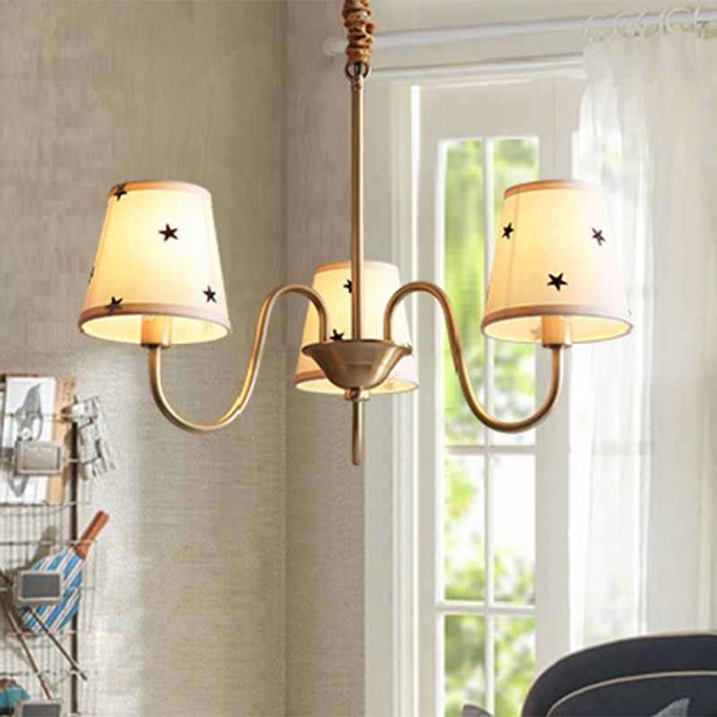Star Patterned Fabric Conical Chandelier Rustic 3/5/6 Lights Bedroom Ceiling Hang Lamp in Gold
