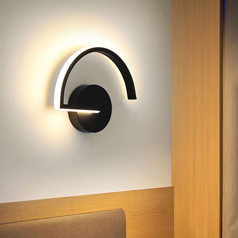 Minimalist Half-Circle Metal Sconce Ideas LED Wall Mounted Lighting Fixture in Black with Open Design, Warm/White Light