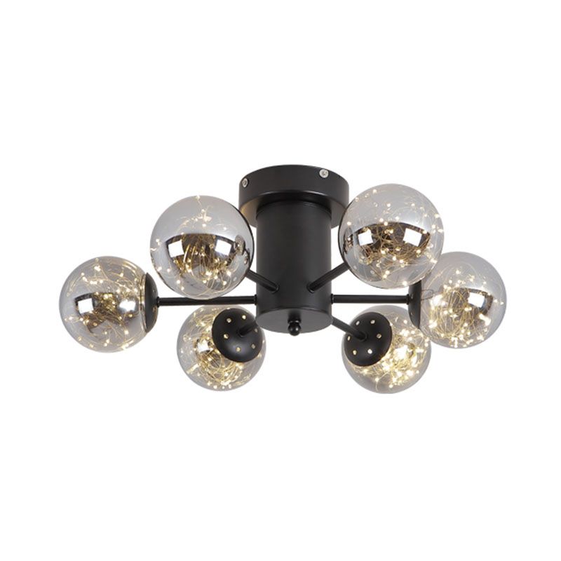 Radial Living Room Semi Flush Mount Smoke Grey Glass Contemporary Ceiling Light Fixture in Black