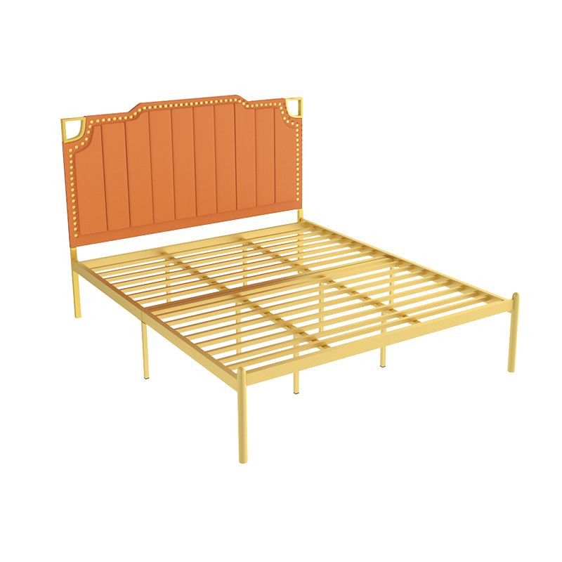 Iron Bed with Faux Leather Stepped Headboard and Nailhead Trim