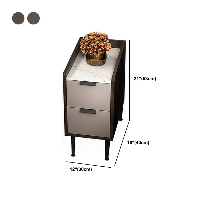 Espresso Wood and Off-White Night Table Modern Stone and Pearl Wood Bedside Cabinet